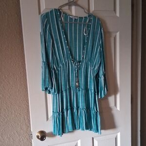 blue island Teal & White Striped V-Neck Tiered Mini Dress